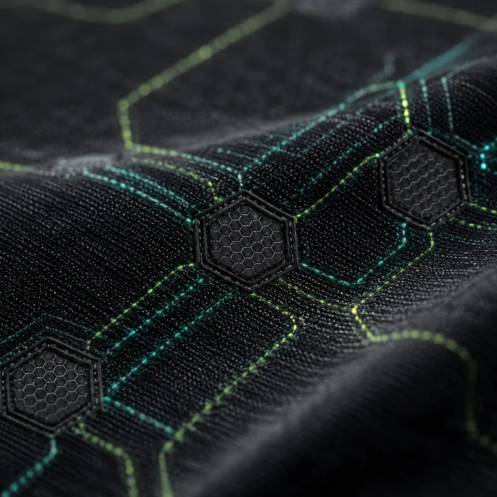 Macro of WearQuick smart fabric — conductive pathways and sensor electrode